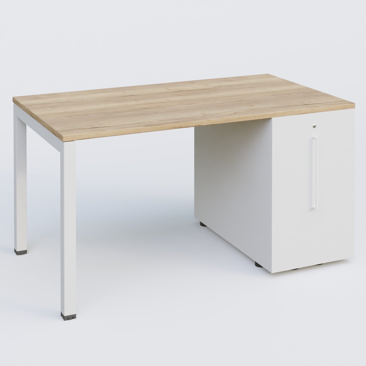 K3 Plateau droit 140x80 avec tour de rangement sous le plateau à droite. Plateau Chêne naturel et pietement Blanc