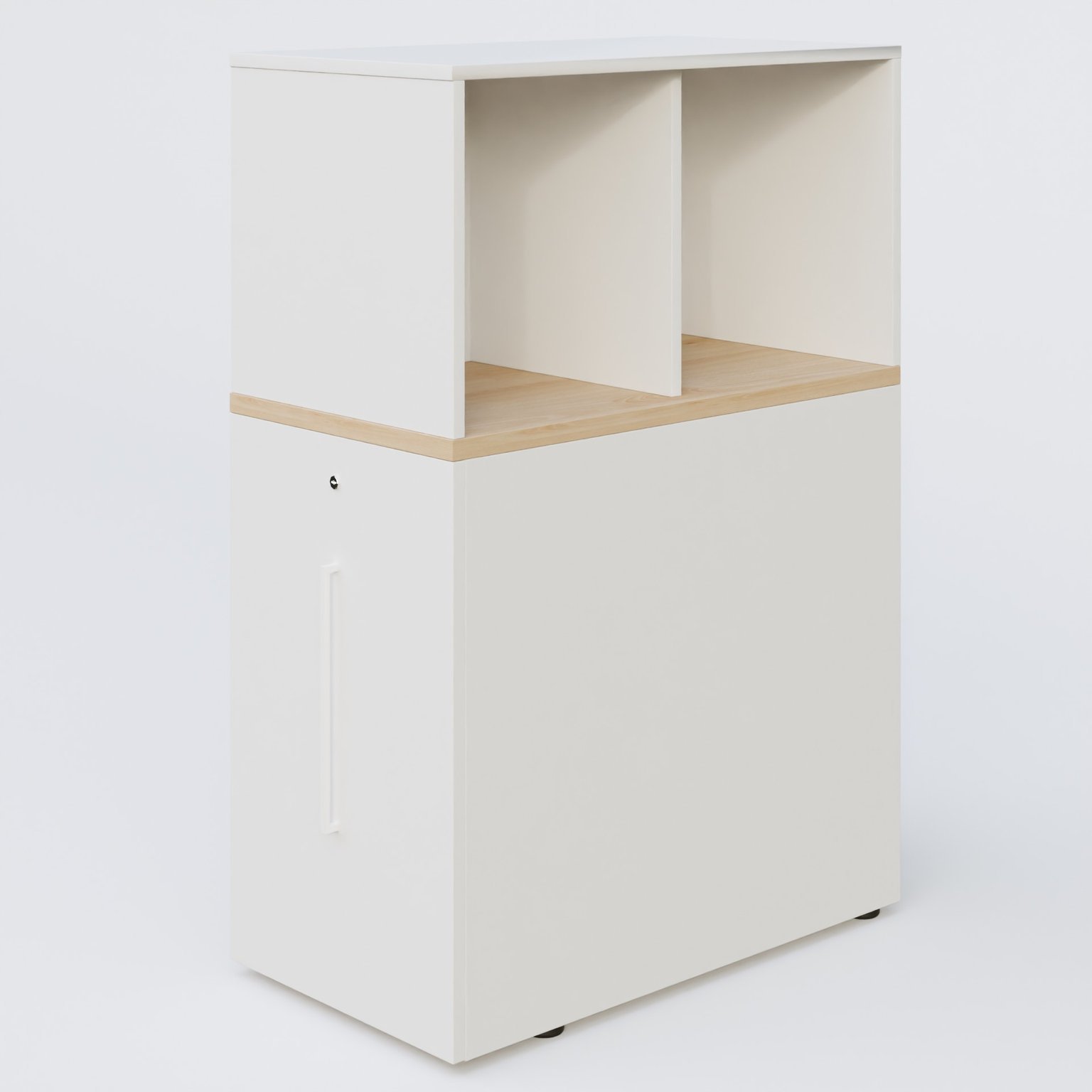 Tour de rangement hauteur de bureau position à gauche avec Niche. Caisson Hêtre et top de finition Blanc.