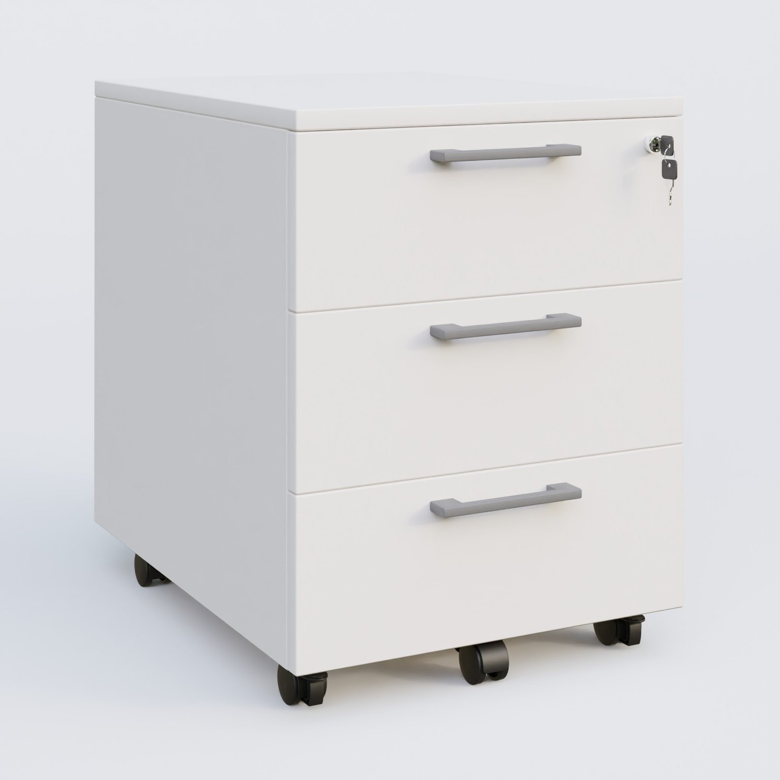Caisson mobile mélamine 3 tiroirs, hauteur 55 cm. Caisson Blanc et poignets Aluminium.