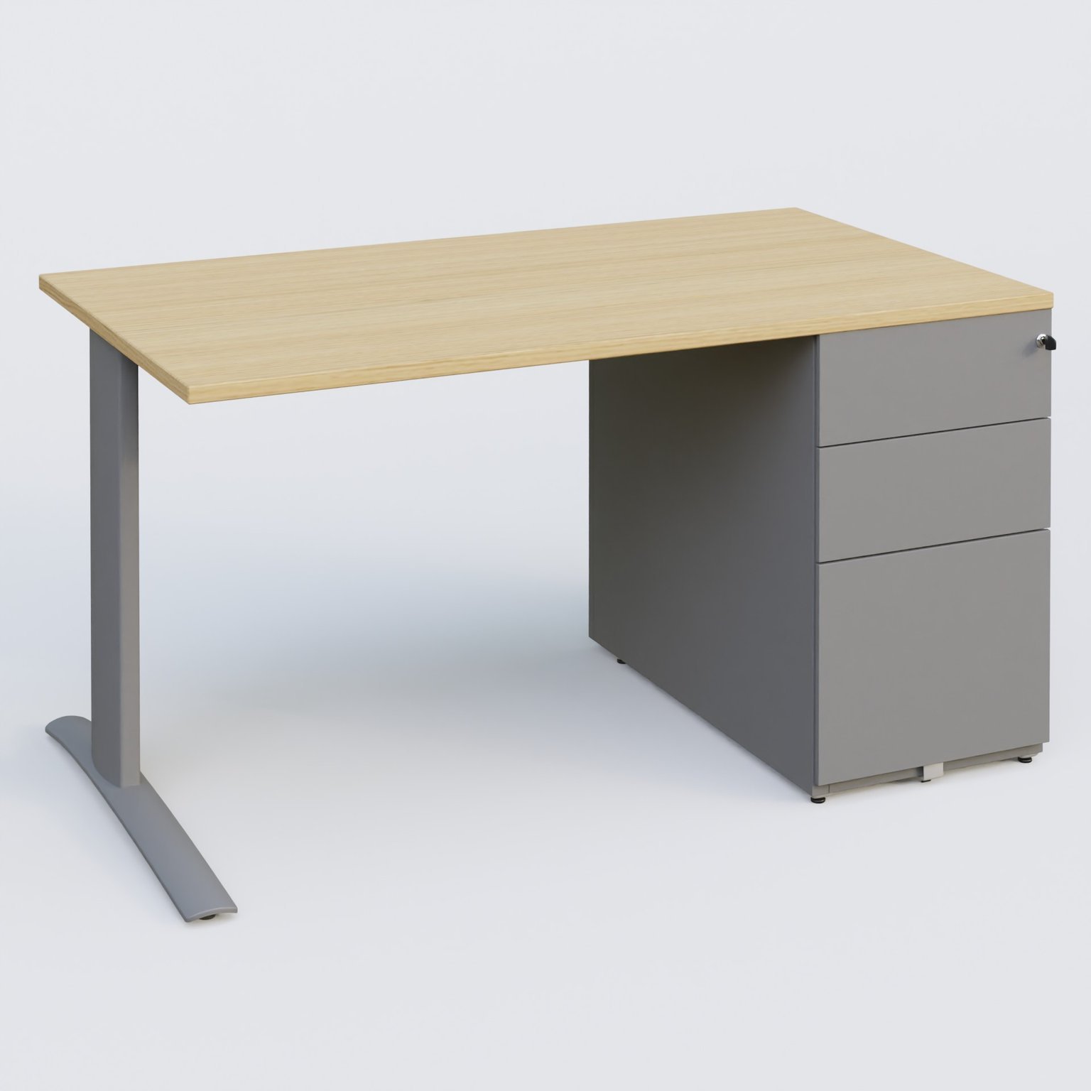 K1 Plateau droit 140x80 avec caisson métal porteur sous plateau à droite. Plateau Chêne clair et pietement Aluminium