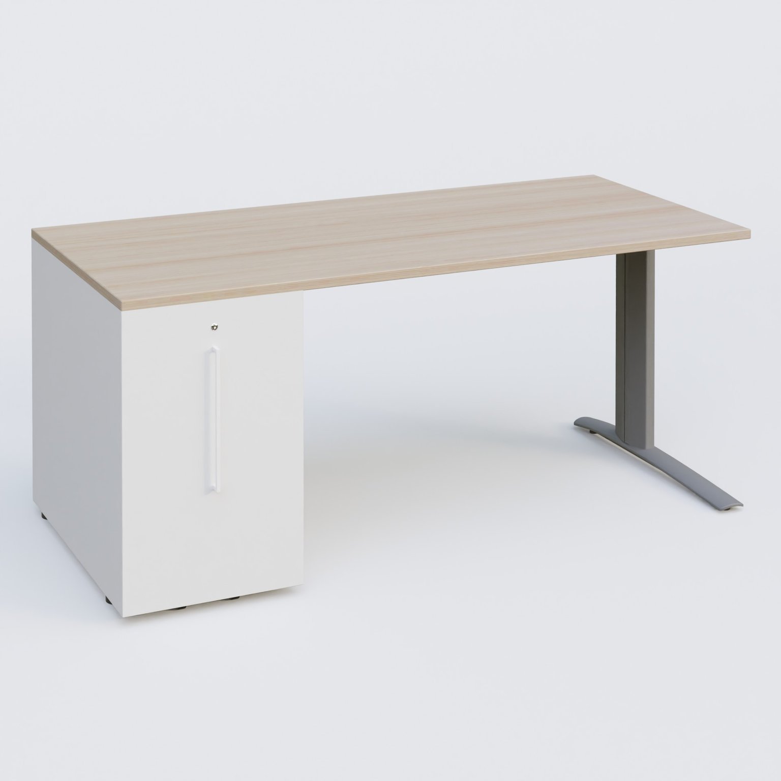 K1 Plateau droit 180x80 avec tour de rangement sous plateau à gauche. Plateau Acacia et pietement Aluminium