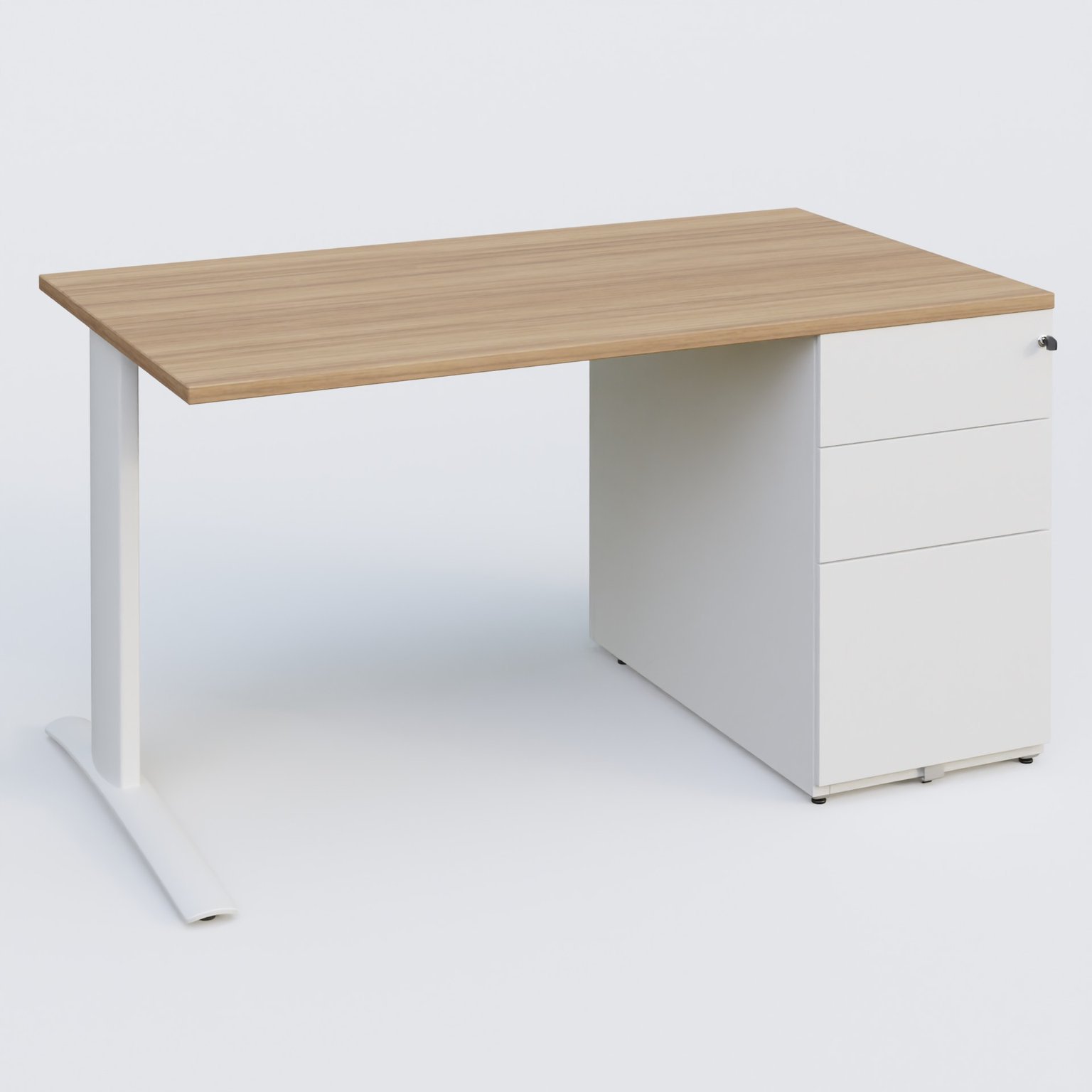 K1 Plateau droit 140x80 avec caisson métal porteur sous plateau à droite. Plateau Noyer et pietement Blanc