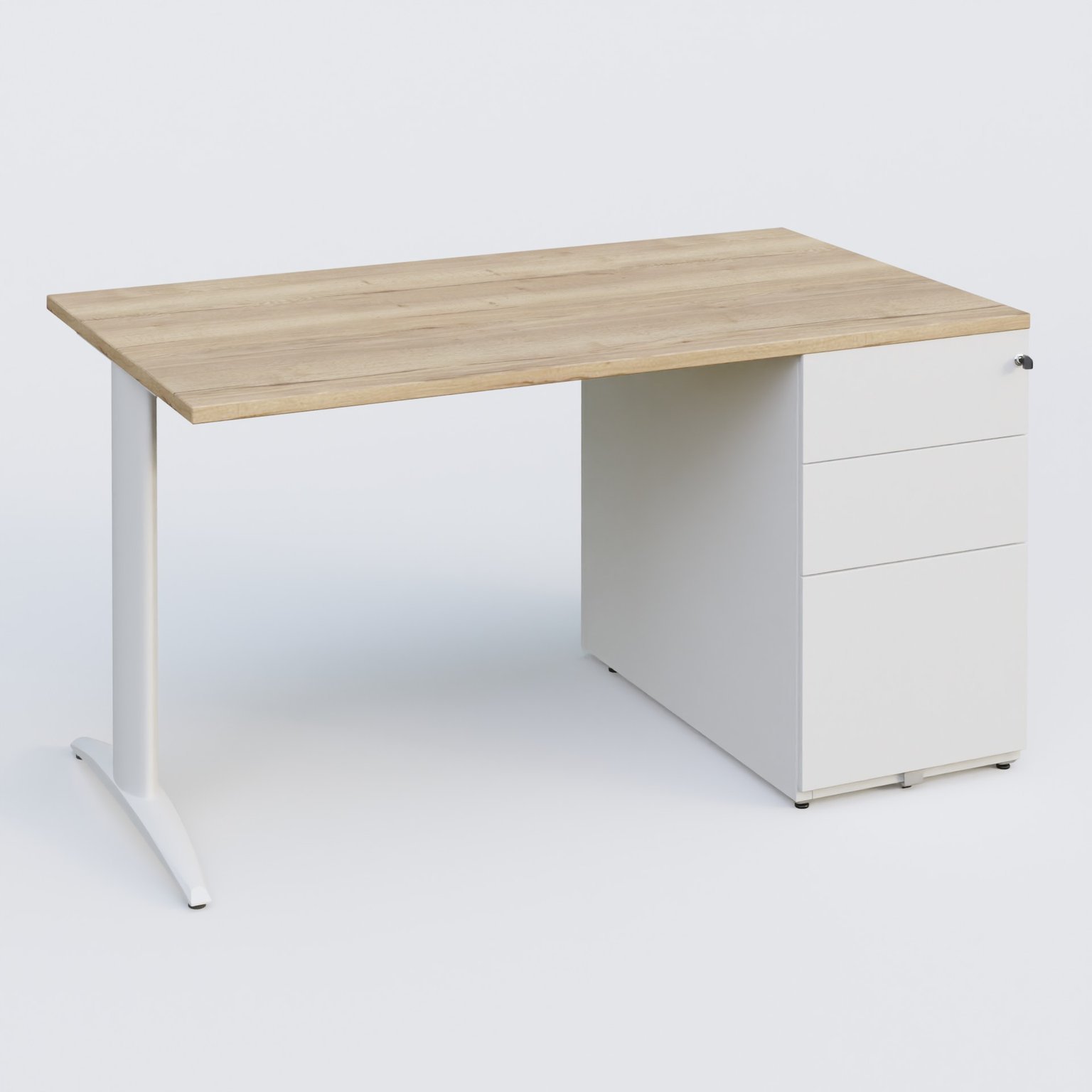 K2 Plateau droit 140x80 avec caisson métalique sous le plateau. Plateau Chêne naturel et pietement Blanc