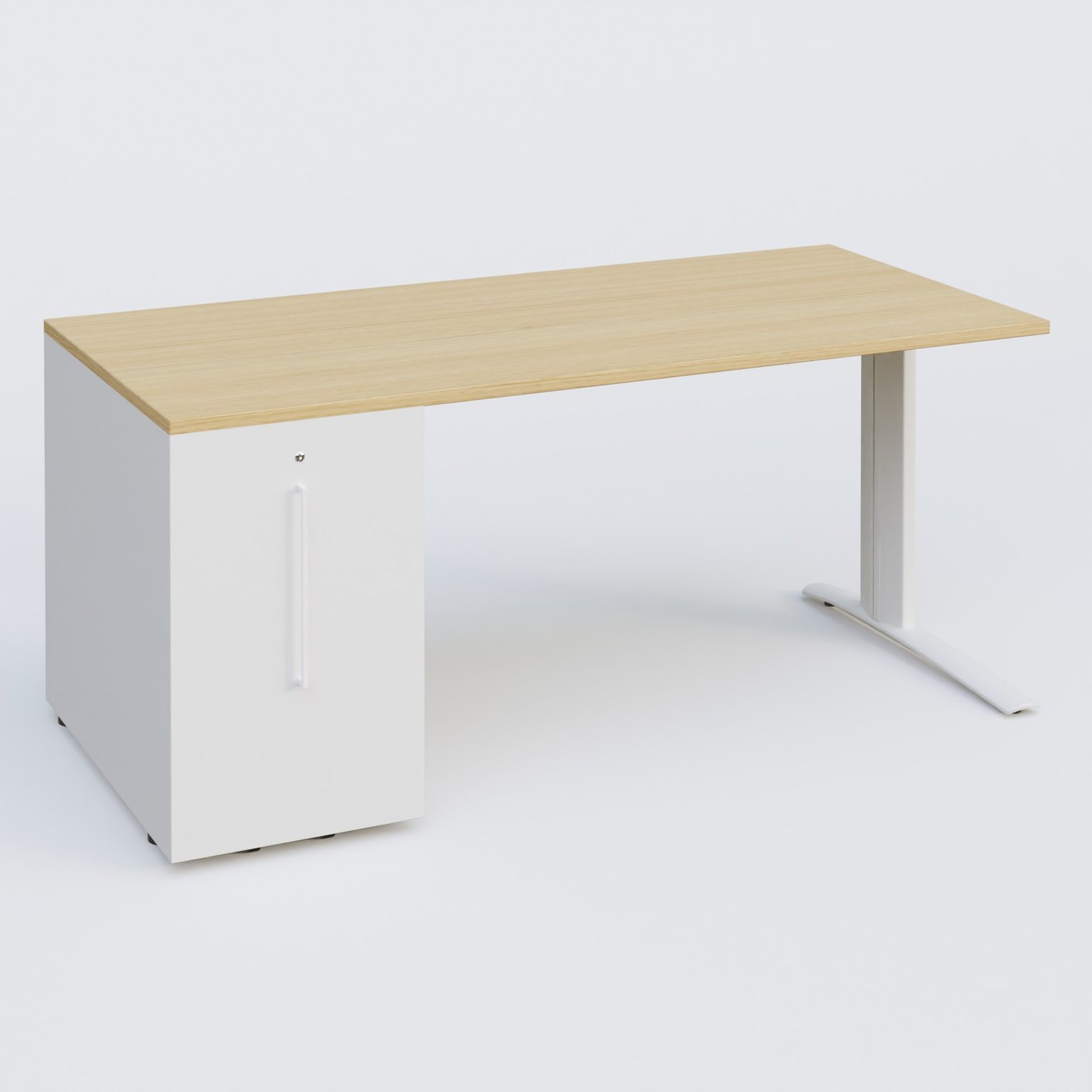 K1 Plateau droit 180x80 avec tour de rangement sous plateau à gauche. Plateau Chêne clair et pietement Blanc