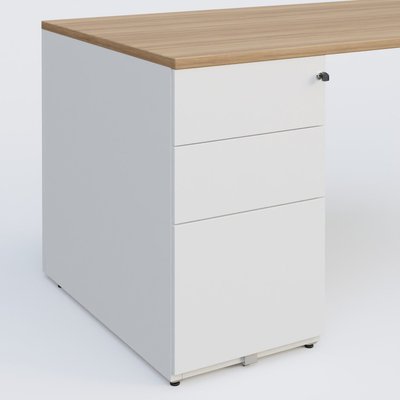 [Pas de famille] - [Pas de sous famille] - K1 Plateau droit 180x80 avec caisson métal porteur sous plateau à gauche. Plateau Noyer et pietement Blanc