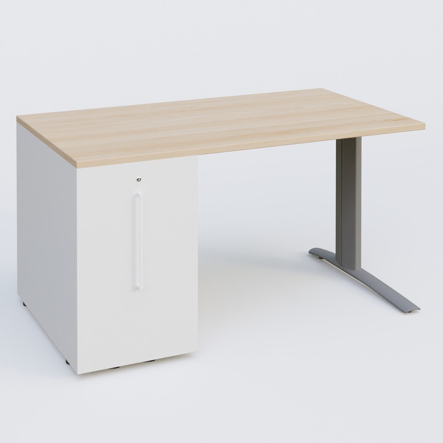 K1 Plateau droit 140x80 avec tour de rangement sous plateau à gauche. Plateau Hêtre et pietement Aluminium