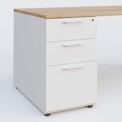 [Pas de famille] - [Pas de sous famille] - K1 Plateau droit 140x80 avec caisson porteur sous plateau mélamine à gauche. Plateau Chêne naturel et pietement Blanc