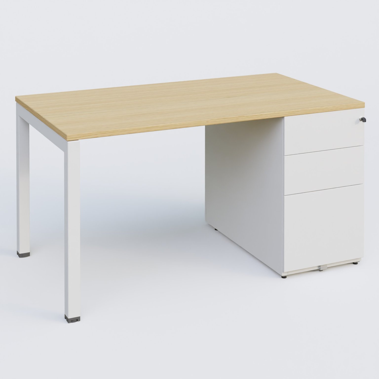 K3 Plateau droit 140x80 avec caisson métalique sous le plateau. Plateau Chêne clair et pietement Blanc