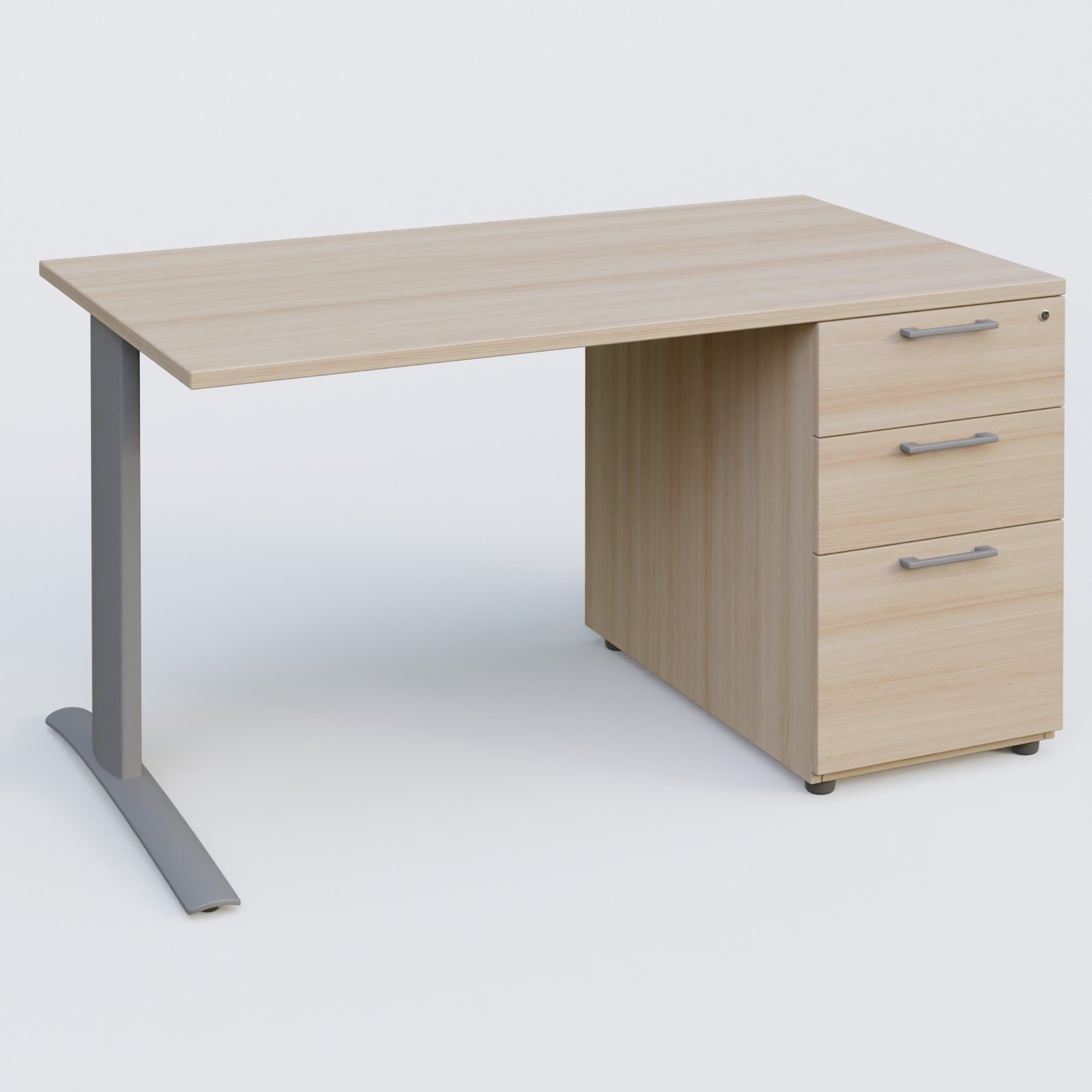 K1 Plateau droit 140x80 avec caisson porteur sous plateau mélamine à droite. Plateau Acacia et pietement Aluminium