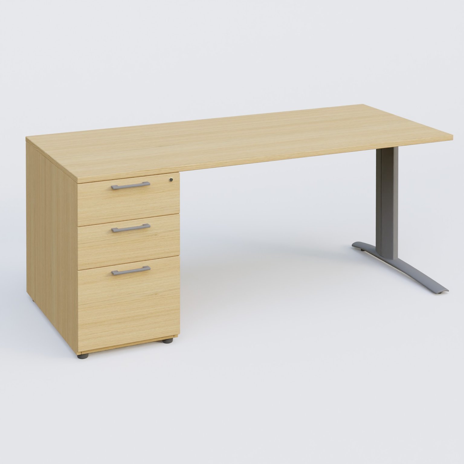K1 Plateau droit 160x80 avec caisson porteur sous plateau mélamine à gauche. Plateau Chêne clair et pietement Aluminium