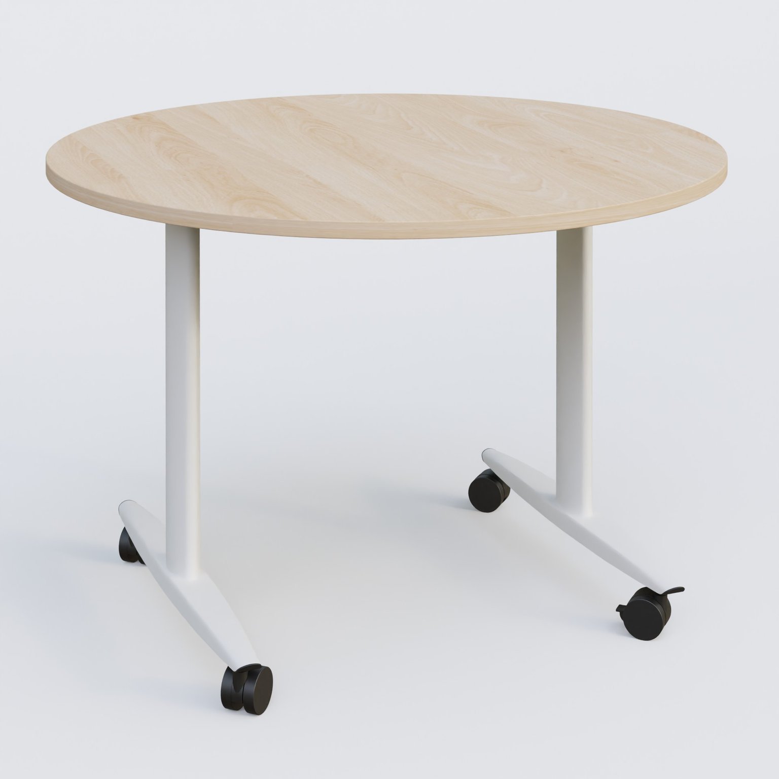 Table ronde abattante gamme Design D110 cm. Plateau Hêtre et pietement Blanc.