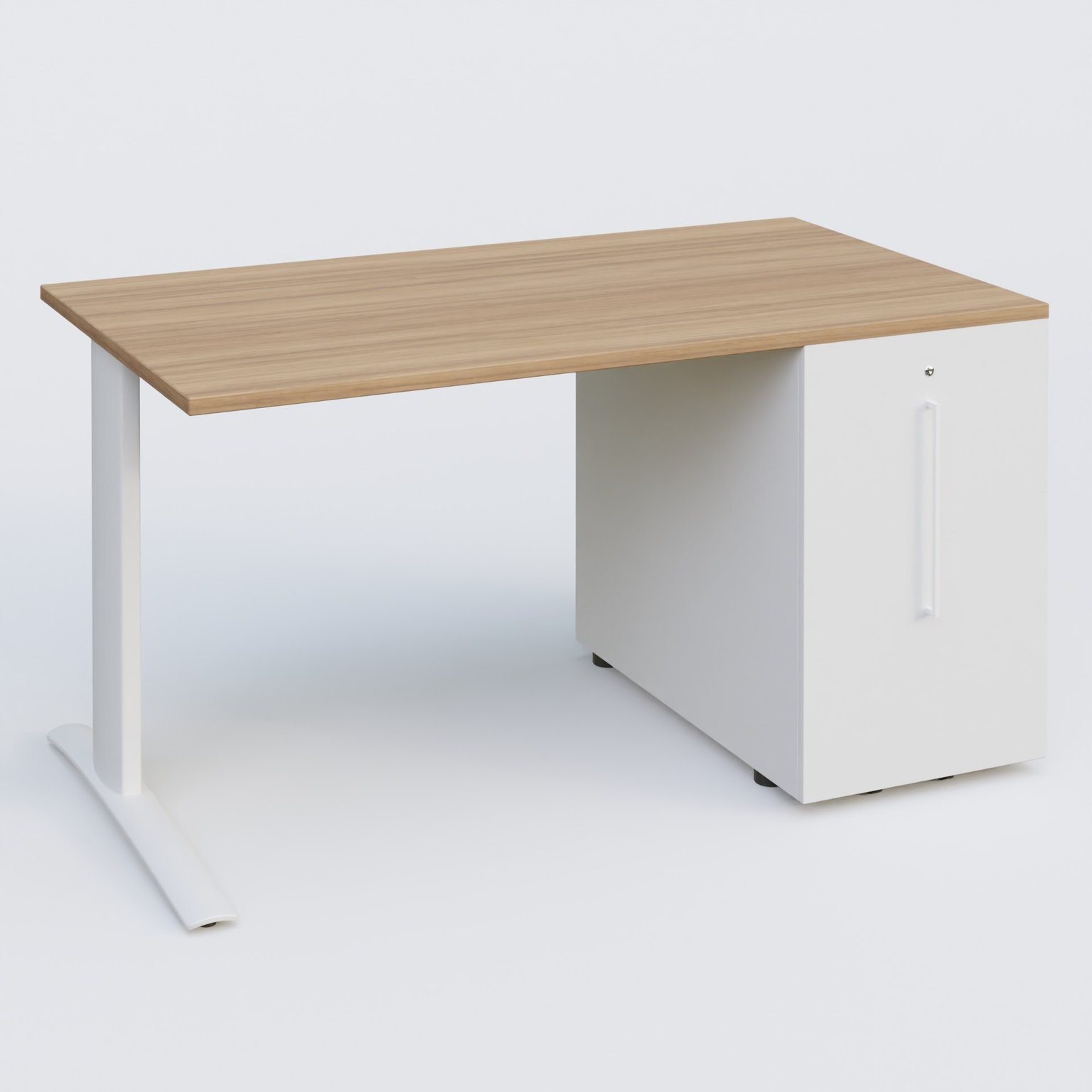 K1 Plateau droit 140x80 avec tour de rangement sous plateau à droite. Plateau Noyer et pietement Blanc