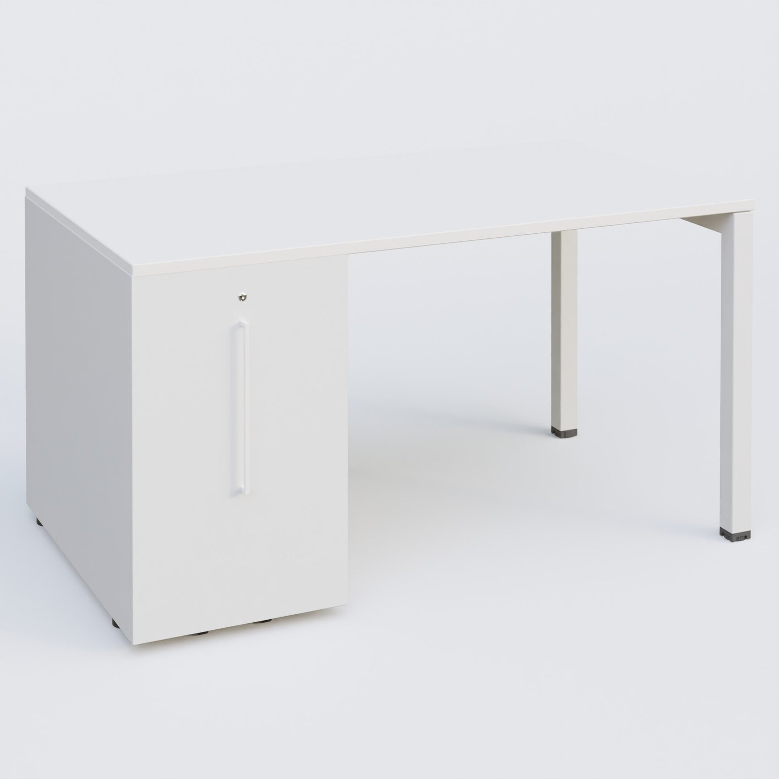 K3 Plateau droit 140x80 avec tour de rangement sous le plateau à gauche. Plateau Blanc et pietement Blanc