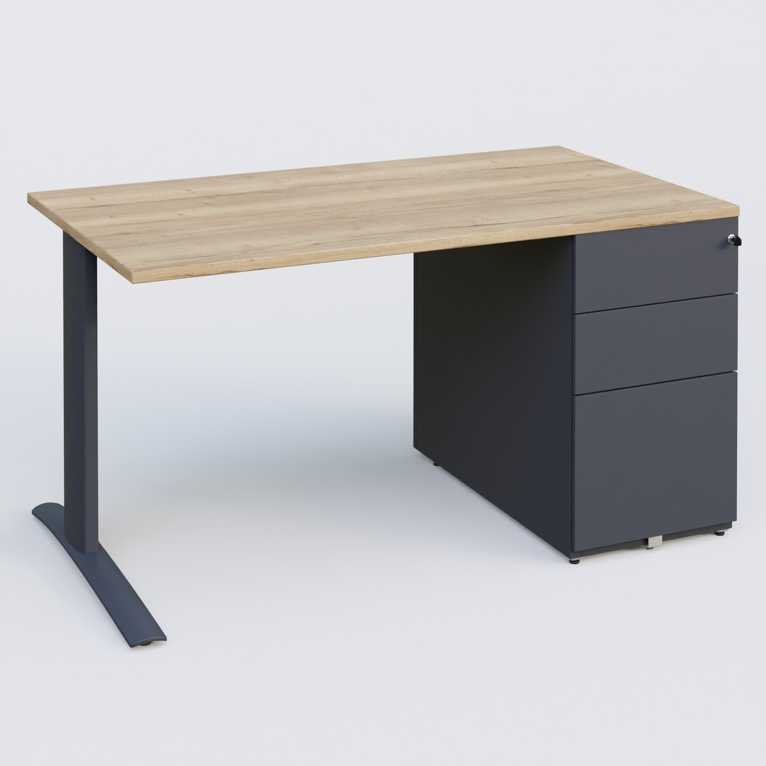 K1 Plateau droit 140x80 avec caisson métal porteur sous plateau à droite. Plateau Chêne naturel et pietement Anthracite