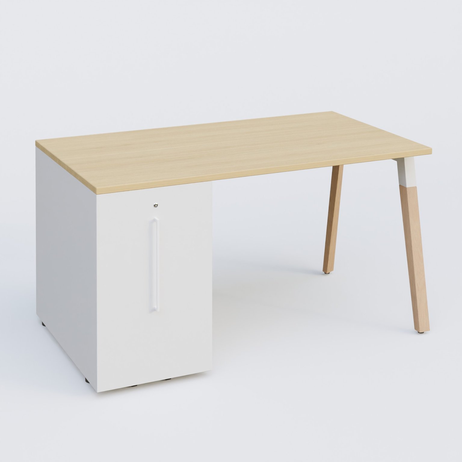 K8 WOOD Plateau 140x80 avec tour de rangement mélamine à gauche. Plateau Chêne clair et tour de ranfement blanche.