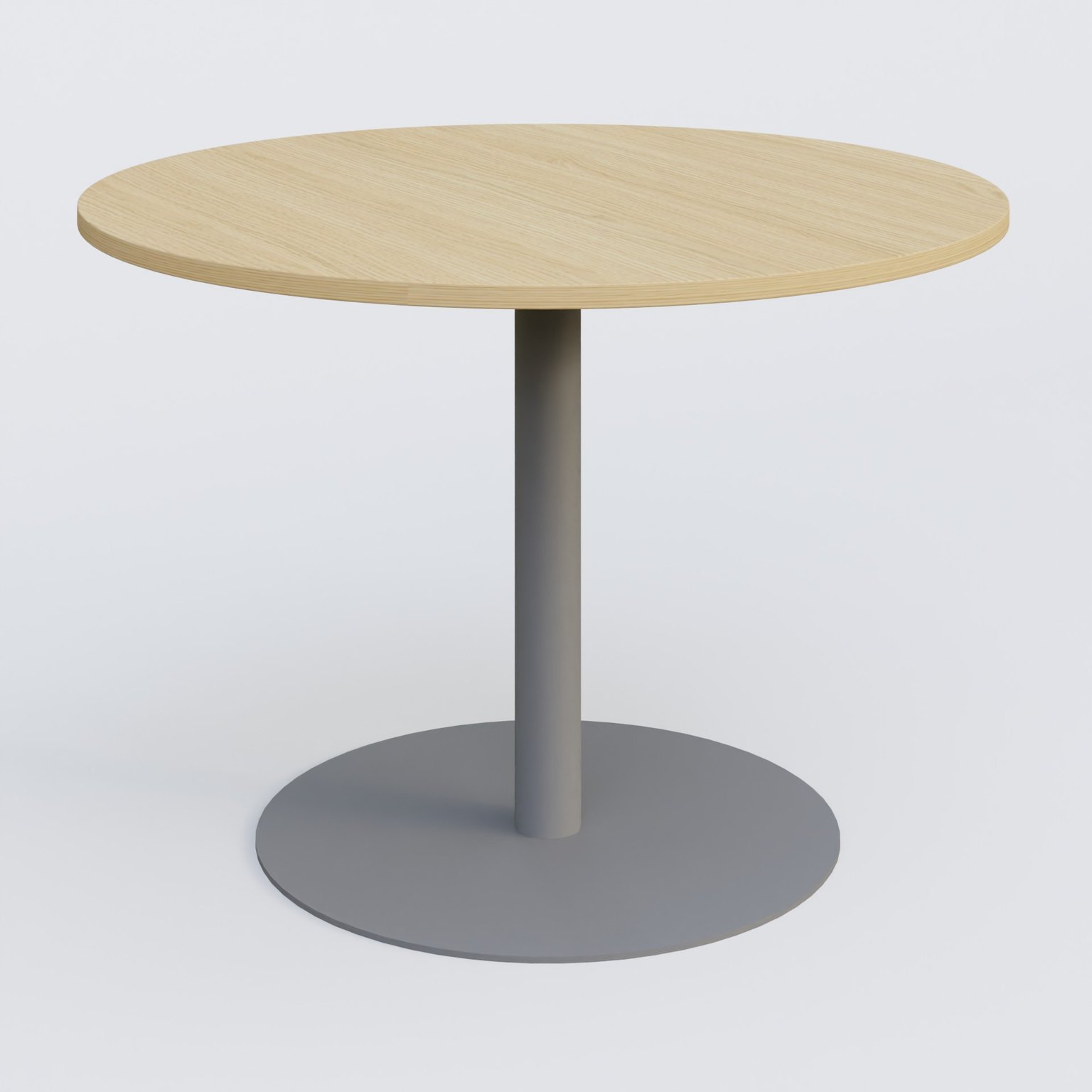 Table ronde diametre 110 cm avec pieds colonne centrale. Plateau Chêne clair et pietement Aluminium