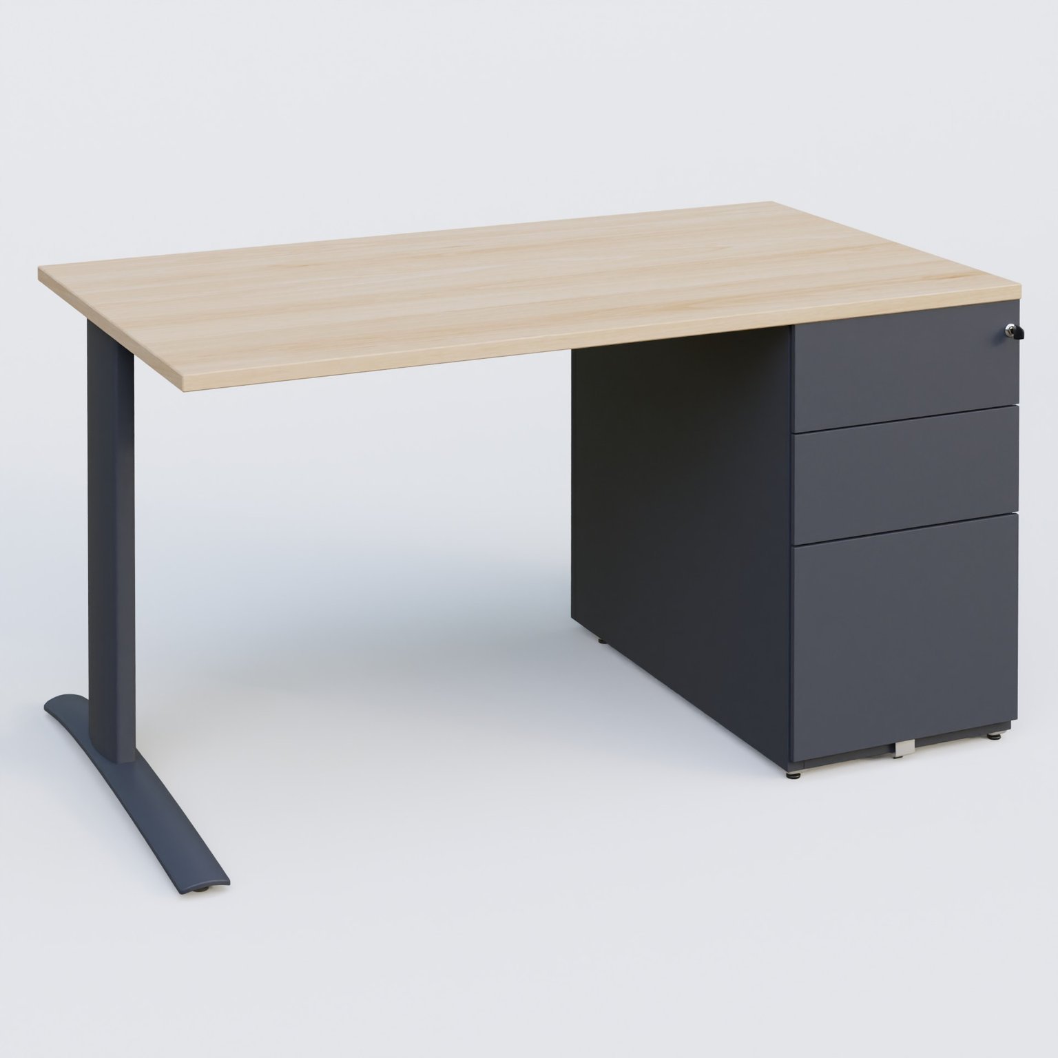 K1 Plateau droit 140x80 avec caisson métal porteur sous plateau à droite. Plateau Hêtre et pietement Anthracite