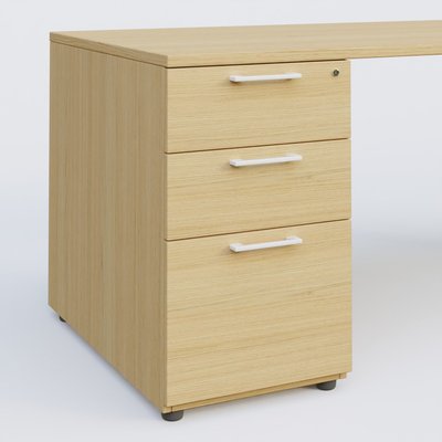 [Pas de famille] - [Pas de sous famille] - K1 Plateau droit 140x80 avec caisson porteur sous plateau mélamine à gauche. Plateau Chêne clair et pietement Blanc