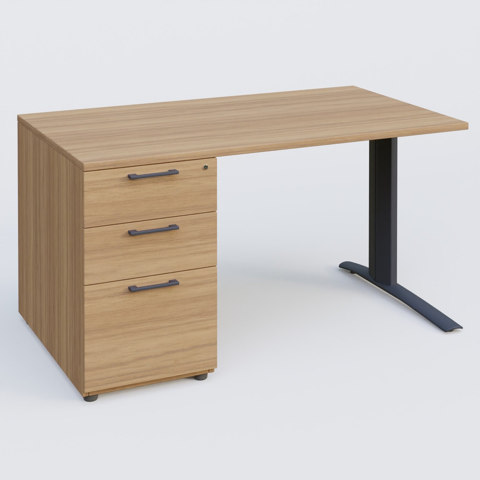 K1 Plateau droit 140x80 avec caisson porteur sous plateau mélamine à gauche. Plateau Noyer et pietement Anthracite