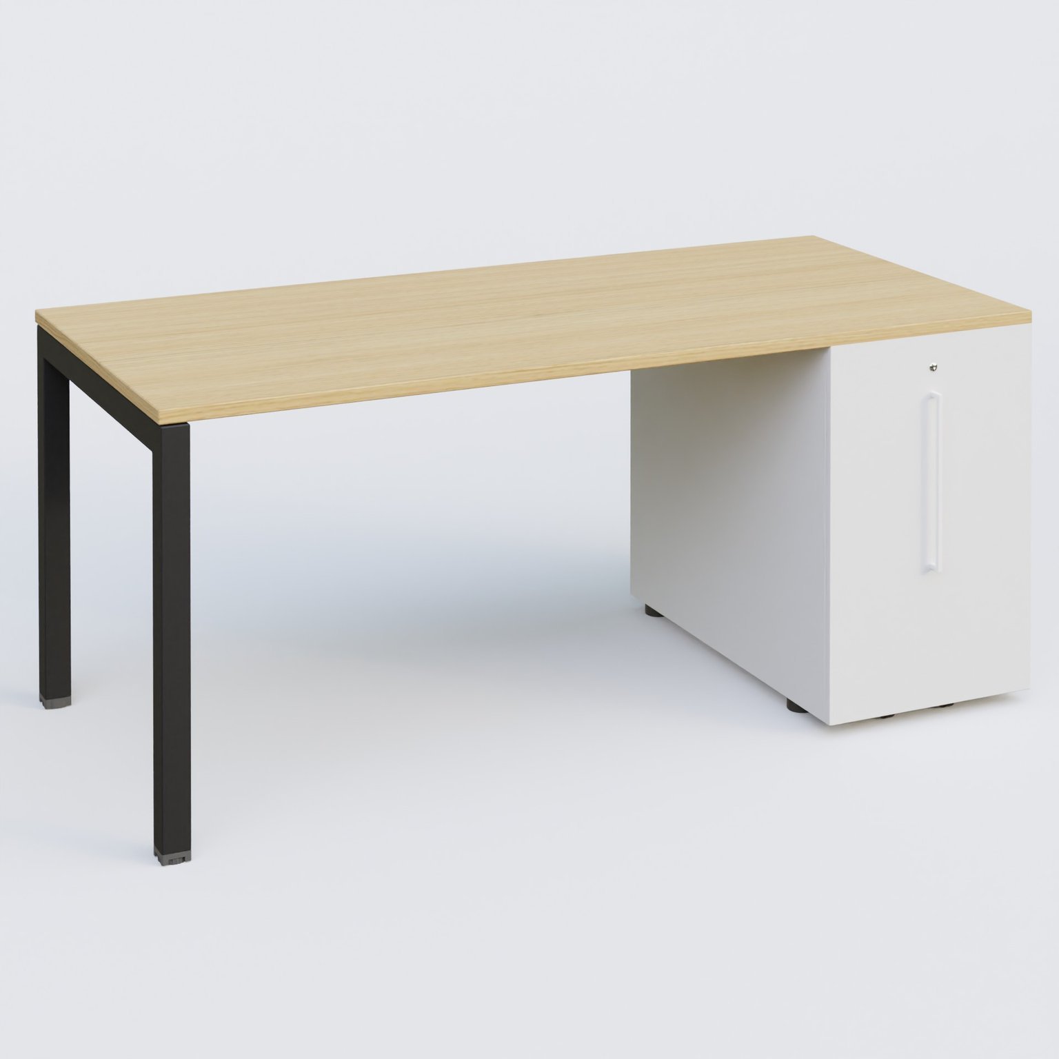 K3 Plateau droit 180x80 avec tour de rangement sous le plateau à droite. Plateau Chêne clair et pietement Noir Mat