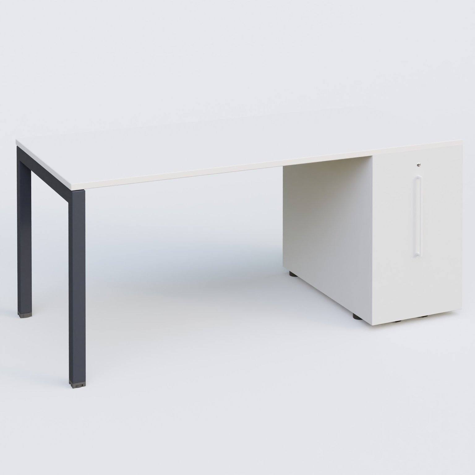 K3 Plateau droit 180x80 avec tour de rangement sous le plateau à droite. Plateau Blanc et pietement Anthracite