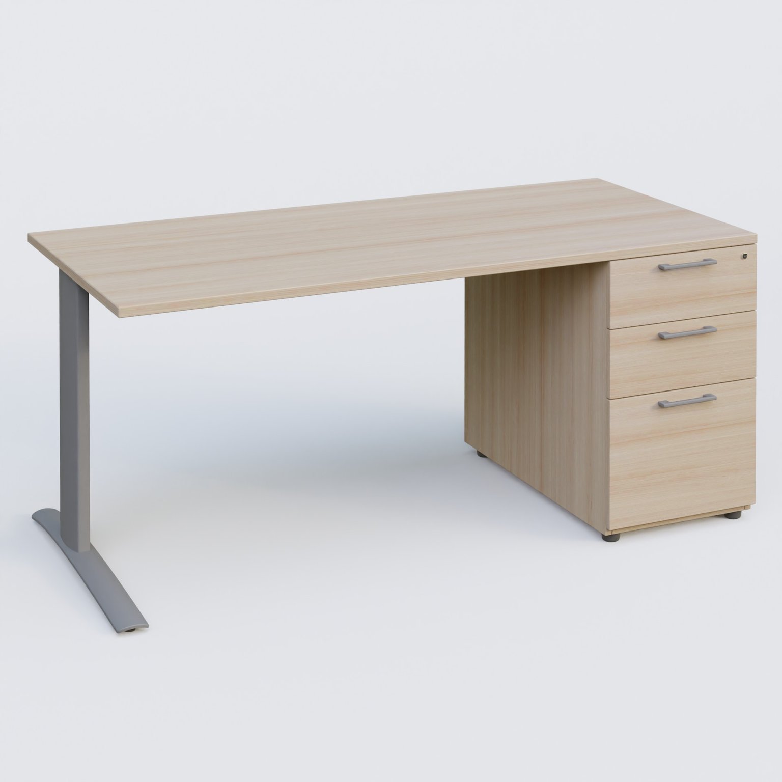 K1 Plateau droit 180x80 avec caisson porteur sous plateau mélamine à droite. Plateau Acacia et pietement Aluminium