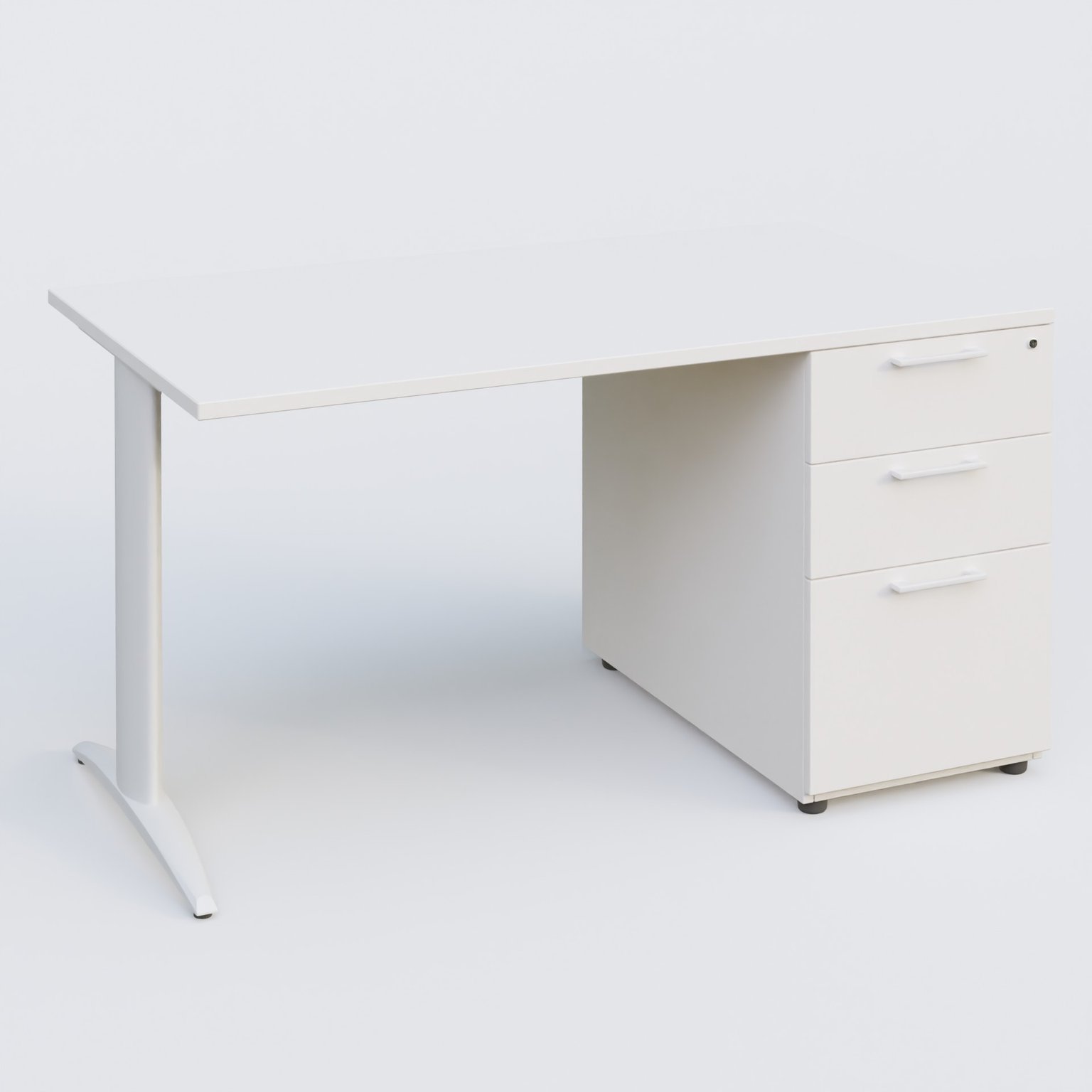 K2 Plateau droit 140x80 avec caisson porteur mélamine sous le plateau. Plateau , caisson Blanc et pietement Blanc