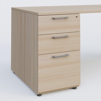 [Pas de famille] - [Pas de sous famille] - K1 Plateau droit 140x80 avec caisson porteur sous plateau mélamine à gauche. Plateau Acacia et pietement Aluminium