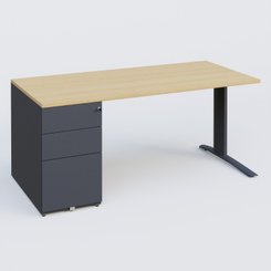 [Pas de famille] - [Pas de sous famille] - K1 Plateau droit 180x80 avec caisson métal porteur sous plateau à gauche. Plateau Chêne clair et pietement Anthracite