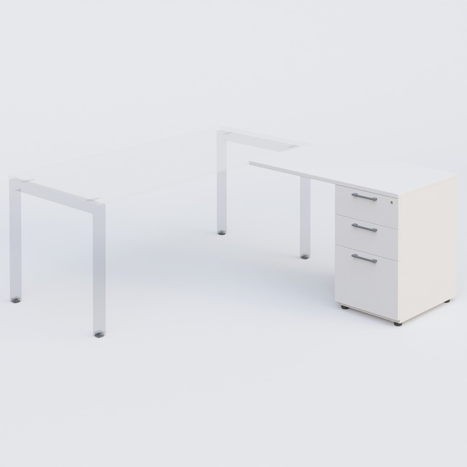 Retour direct 100x60cm sur caisson mélamine HB P.60cm 3 tiroirs, plateau blanc, structure aluminium