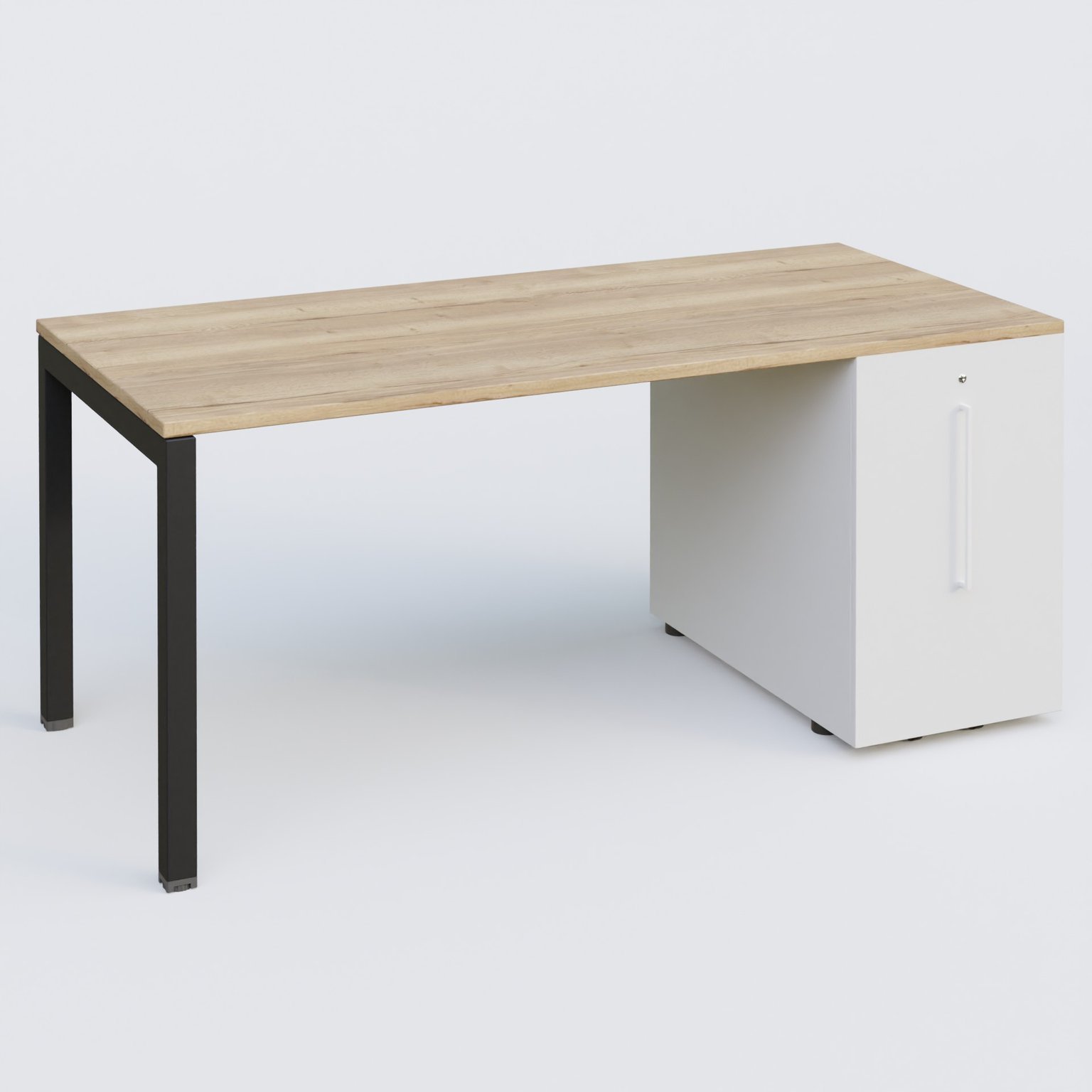 K3 Plateau droit 180x80 avec tour de rangement sous le plateau à droite. Plateau Chêne naturel et pietement Noir Mat
