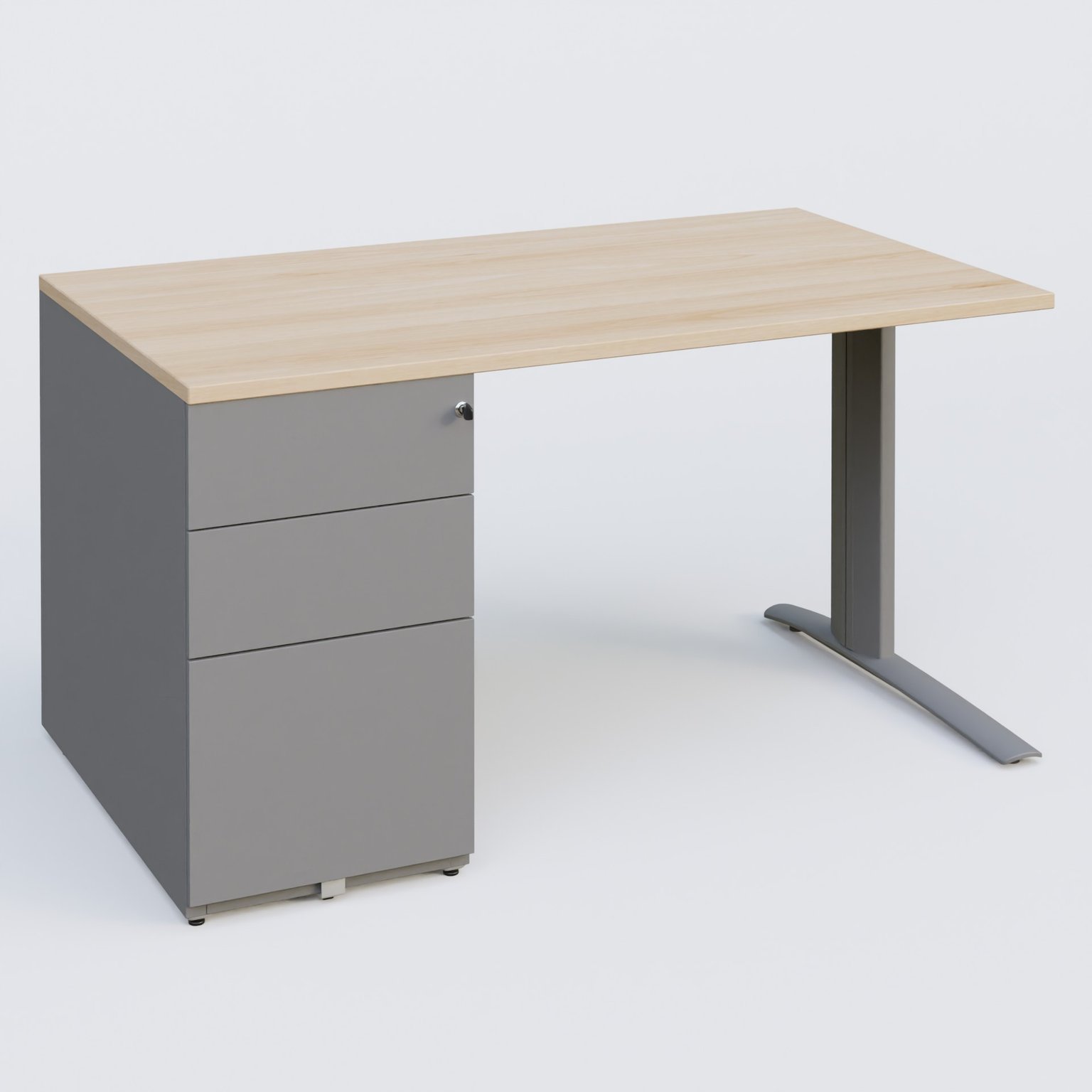 K1 Plateau droit 140x80 avec caisson métal porteur sous plateau à gauche. Plateau Hêtre et pietement Aluminium