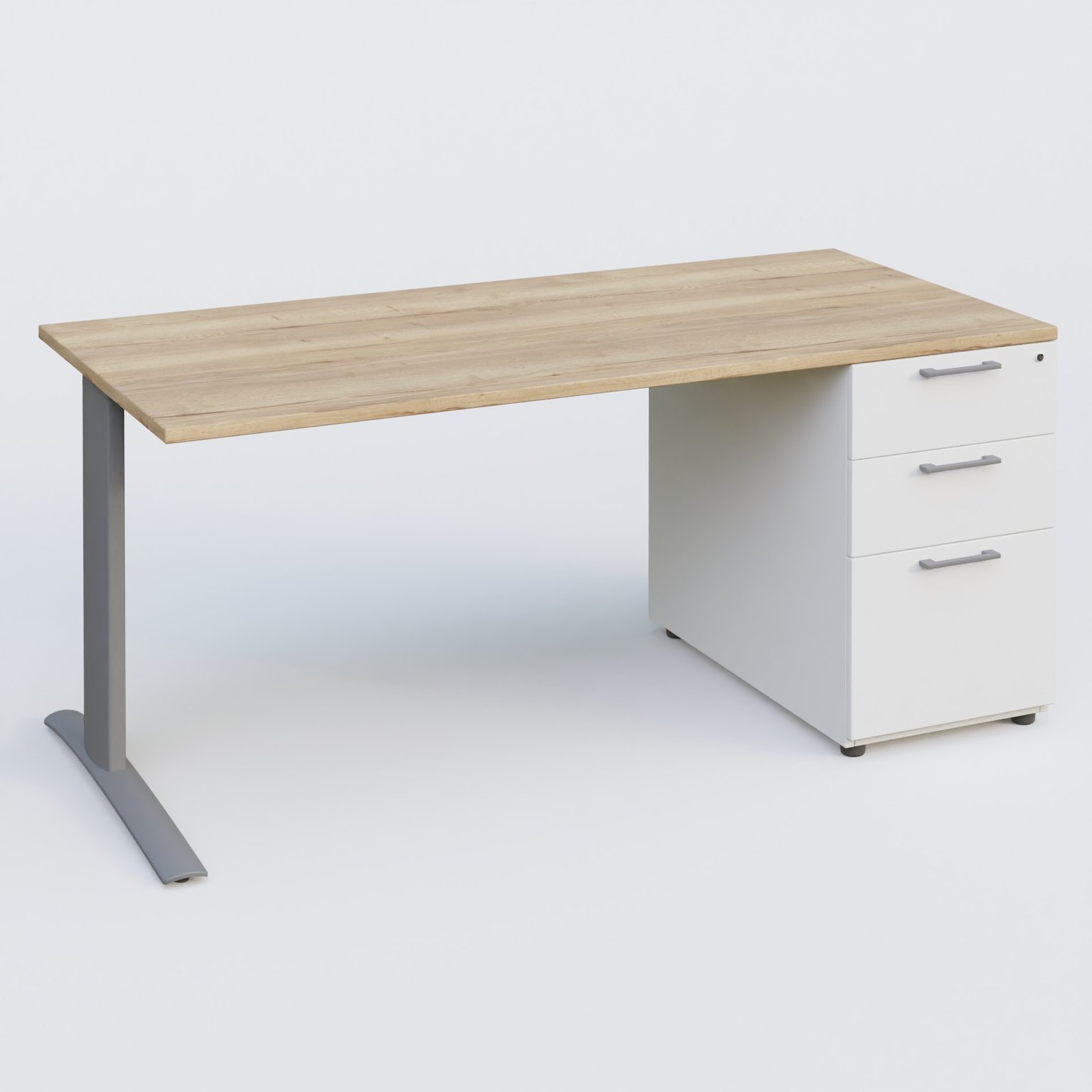 K1 Plateau droit 180x80 avec caisson porteur sous plateau mélamine à droite. Plateau Chêne naturel et pietement Aluminium