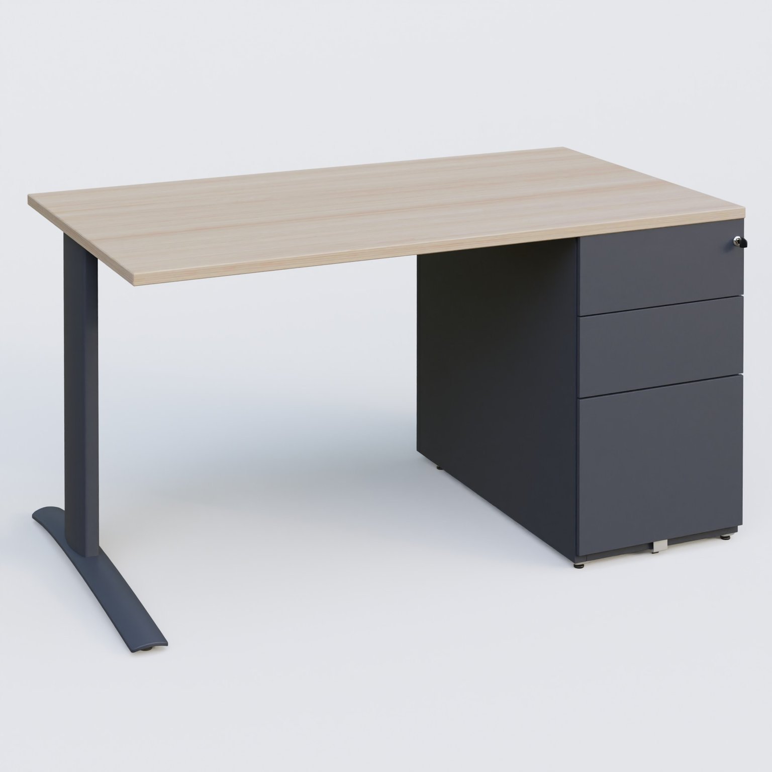 K1 Plateau droit 140x80 avec caisson métal porteur sous plateau à droite. Plateau Acacia et pietement Anthracite