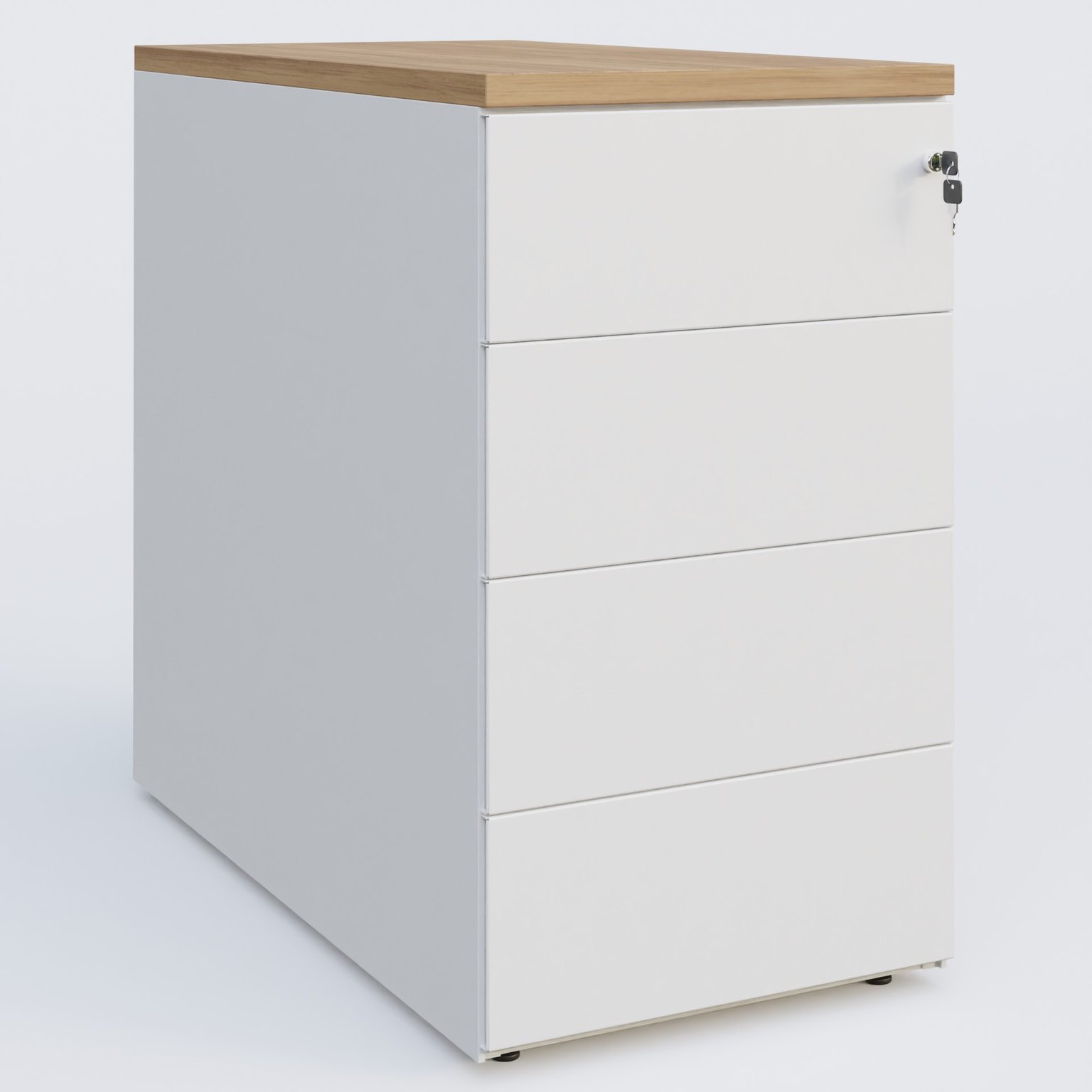 Caisson hauteur de bureau métalique 4 tiroirs avec top de finition, profondeur 80cm. Plateau Noyer et caisson Blanc.