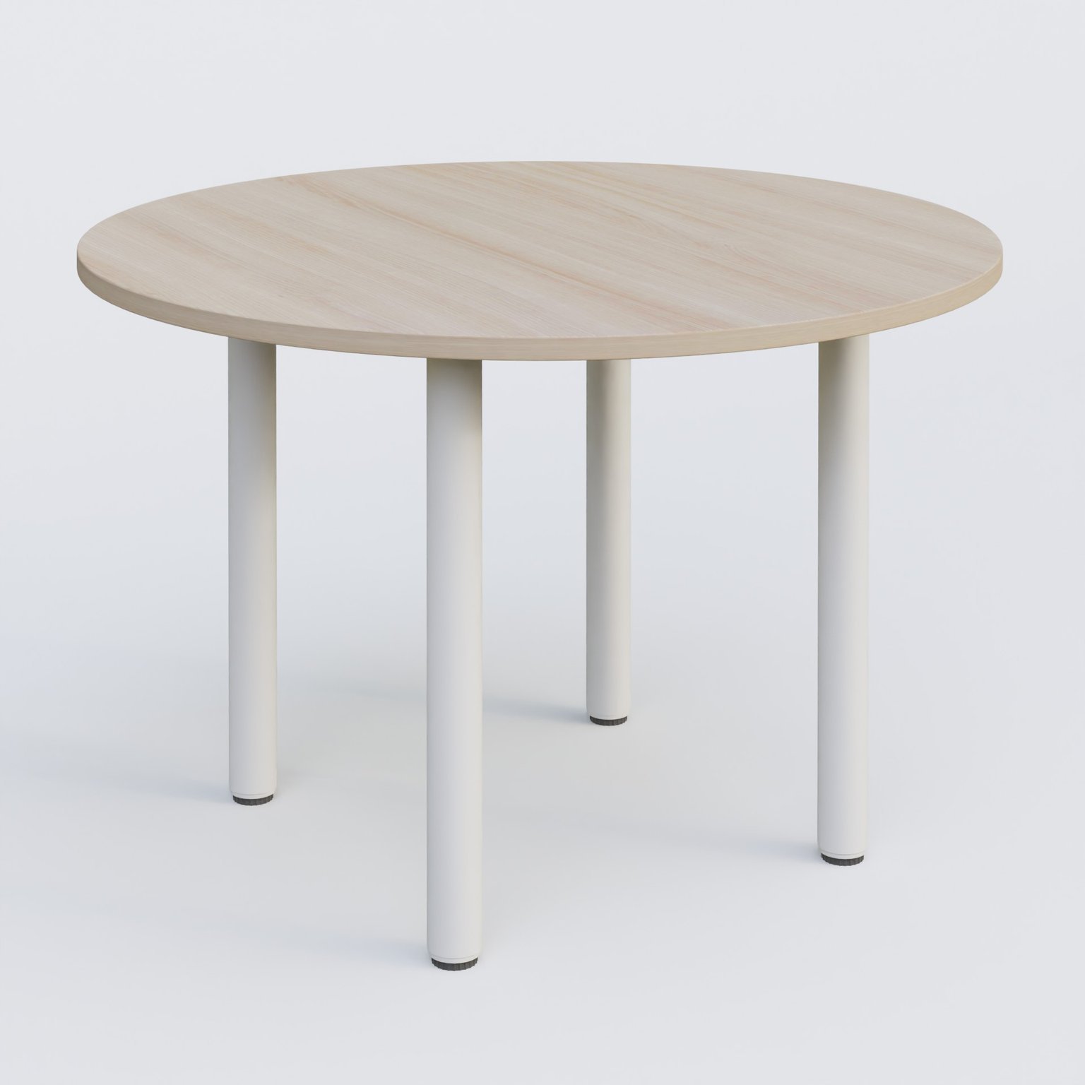 Table ronde diametre 110 cm avec quatres pieds fixes. Plateau Acacia et pietement Blanc