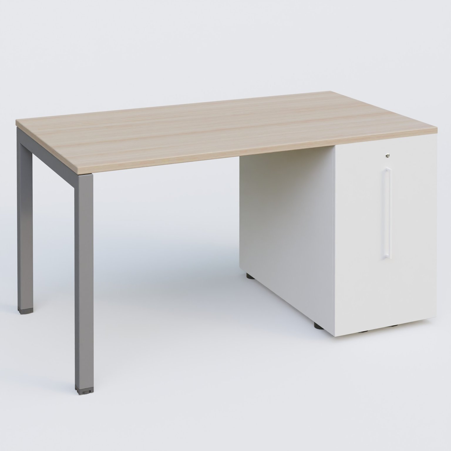K3 Plateau droit 140x80 avec tour de rangement sous le plateau à droite. Plateau Acacia et pietement Aluminium