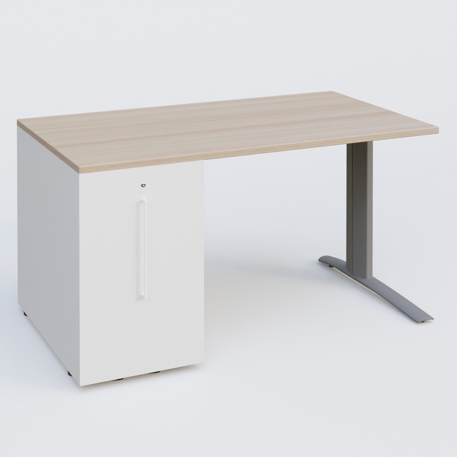 K1 Plateau droit 140x80 avec tour de rangement sous plateau à gauche. Plateau Acacia et pietement Aluminium