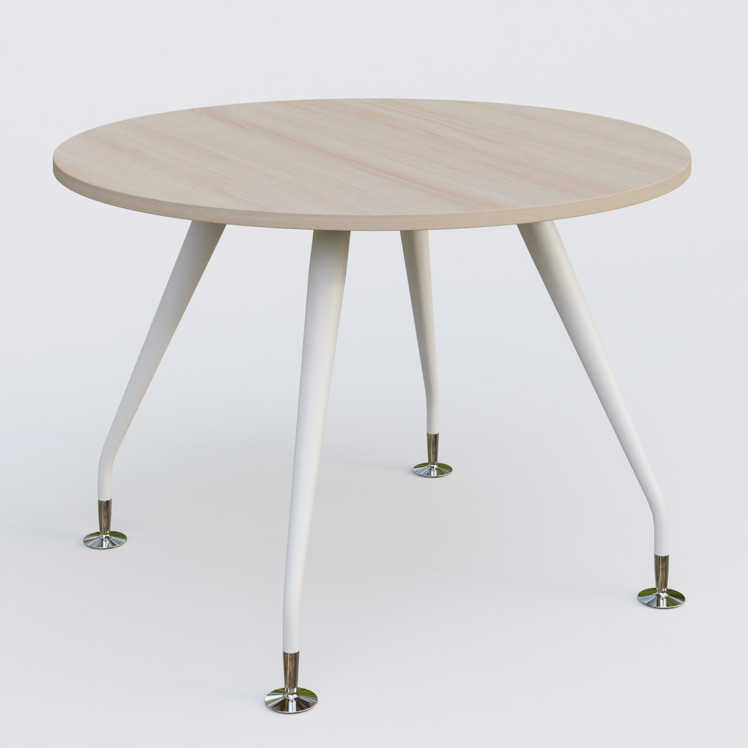 Table ronde diametre 110 cm avec 4 pieds de la gamme K5. Plateau Acacia et pietement Blanc