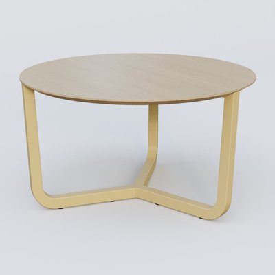 [Pas de famille] - [Pas de sous famille] - Table Basse Fashion Styl piètement tryptique en métal et plateau bois. Plateau Chêne et pietement Jaune Cuivre (RAL 1002).