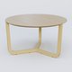 Table Basse Fashion Styl piètement tryptique en métal et plateau bois. Plateau Chêne et pietement Jaune Cuivre (RAL 1002).