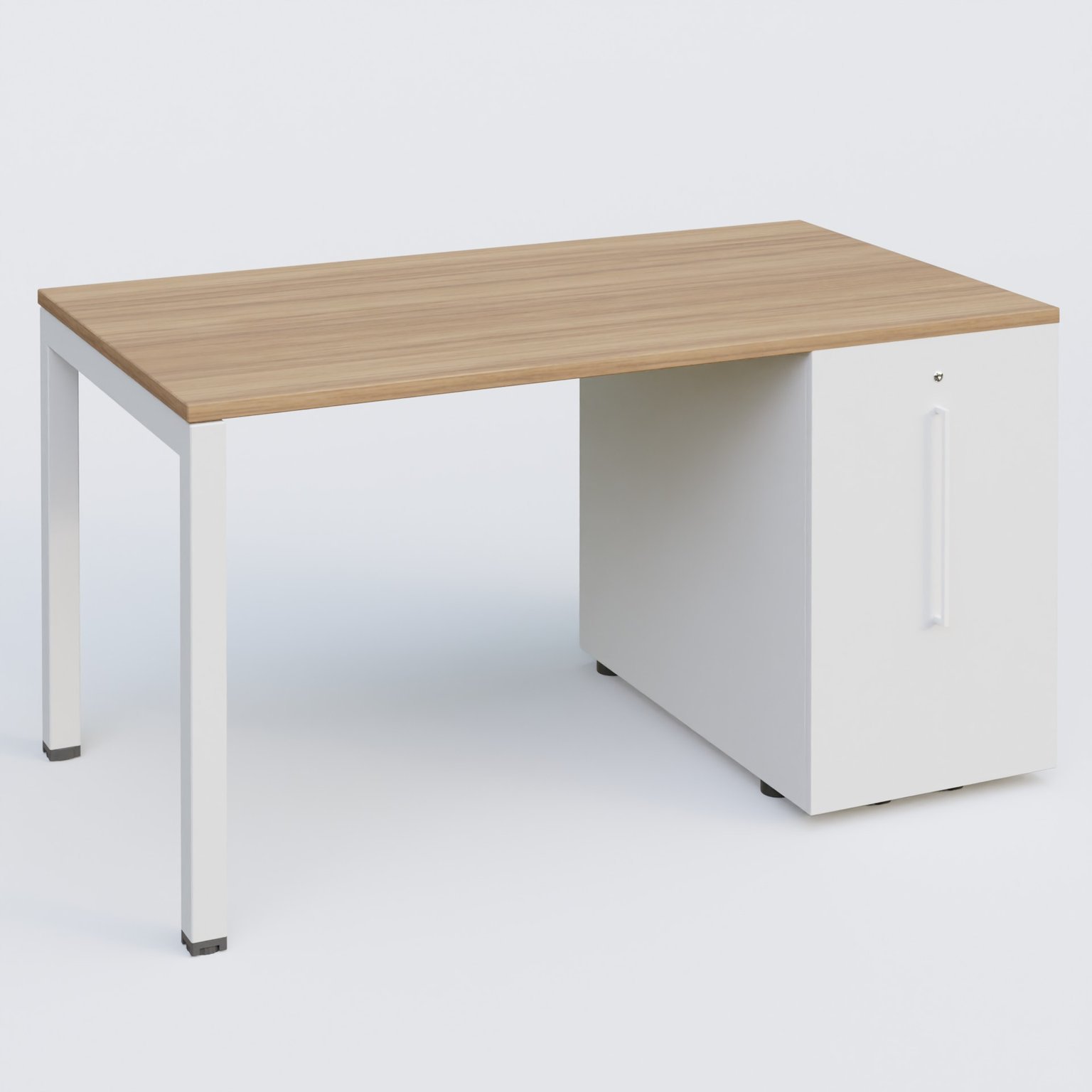 K3 Plateau droit 140x80 avec tour de rangement sous le plateau à droite. Plateau Noyer et pietement Blanc