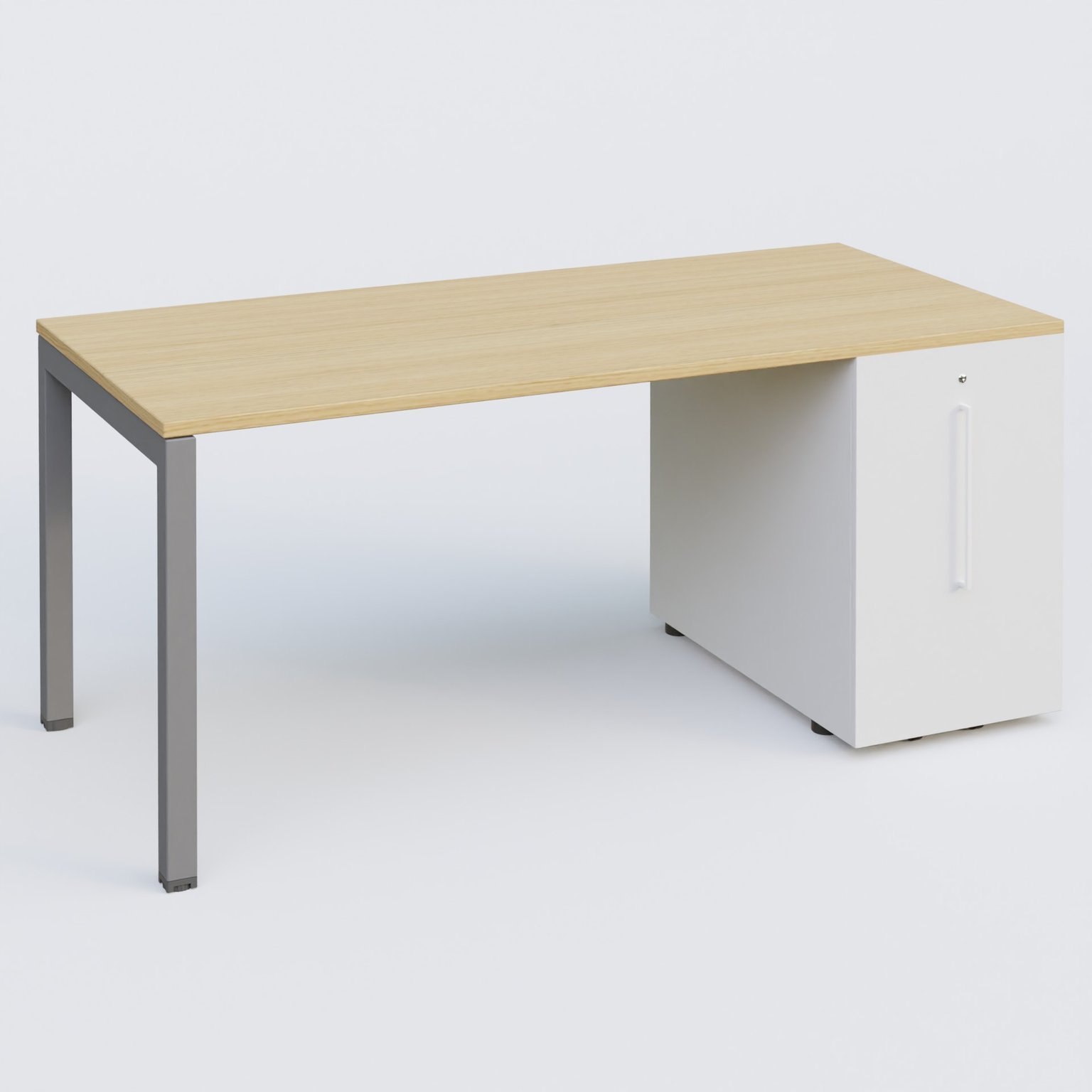 K3 Plateau droit 180x80 avec tour de rangement sous le plateau à droite. Plateau Chêne clair et pietement Aluminium