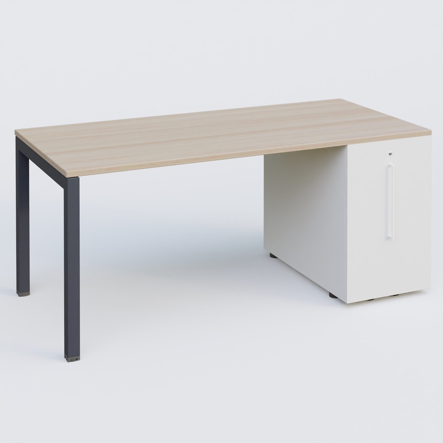 K3 Plateau droit 180x80 avec tour de rangement sous le plateau à droite. Plateau Acacia et pietement Anthracite