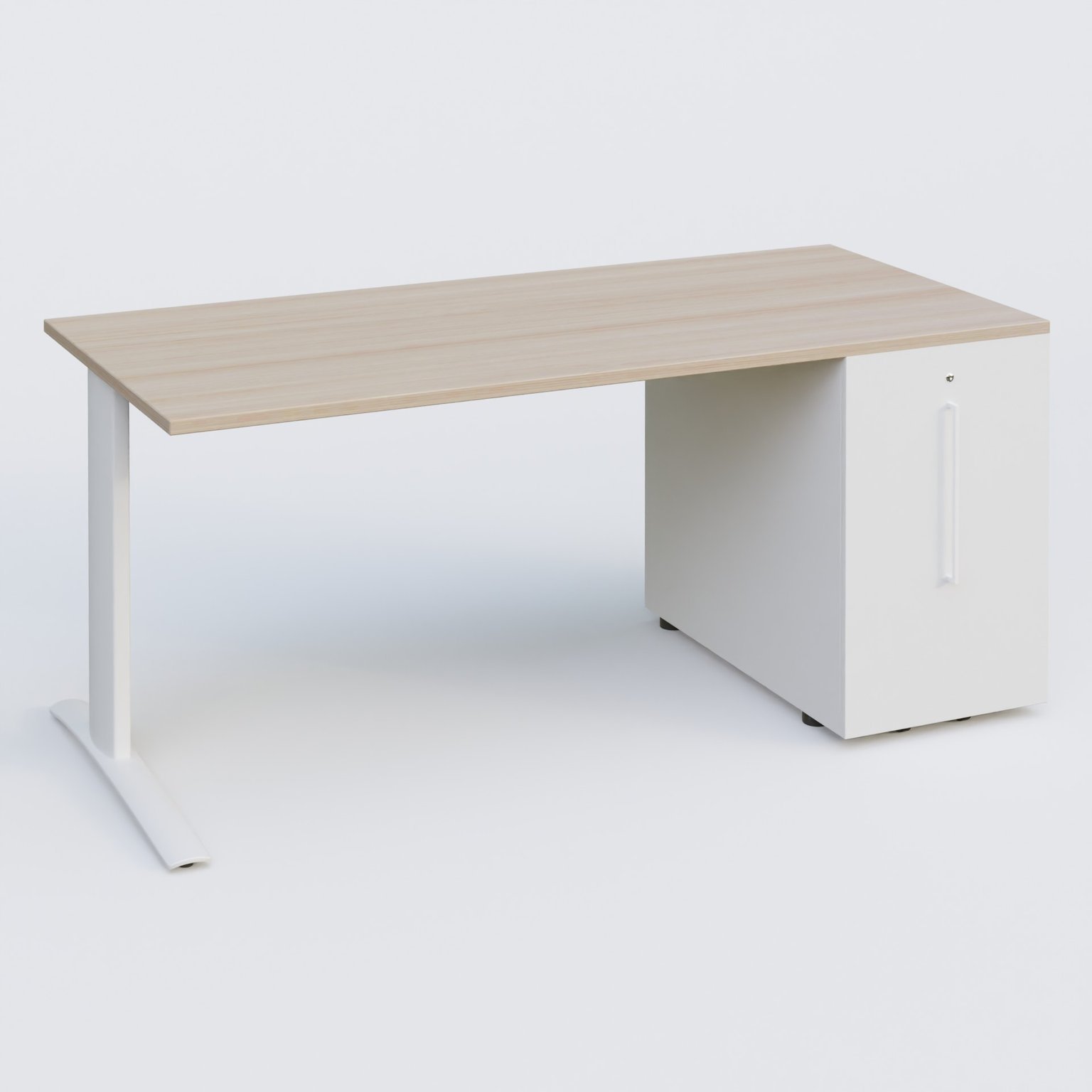 K1 Plateau droit 180x80 avec tour de rangement sous plateau à droite. Plateau Acacia et pietement Blanc