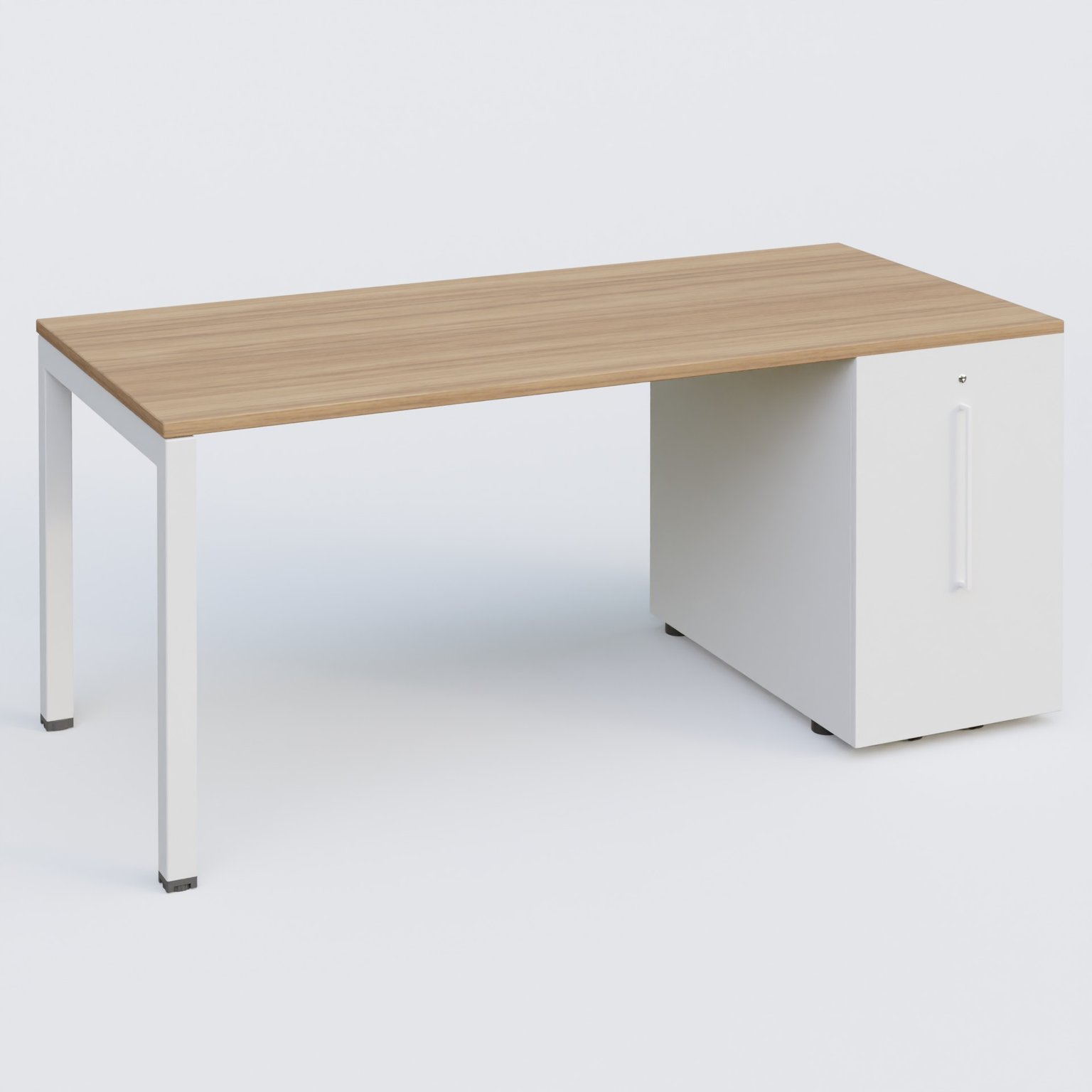K3 Plateau droit 180x80 avec tour de rangement sous le plateau à droite. Plateau Noyer et pietement Blanc