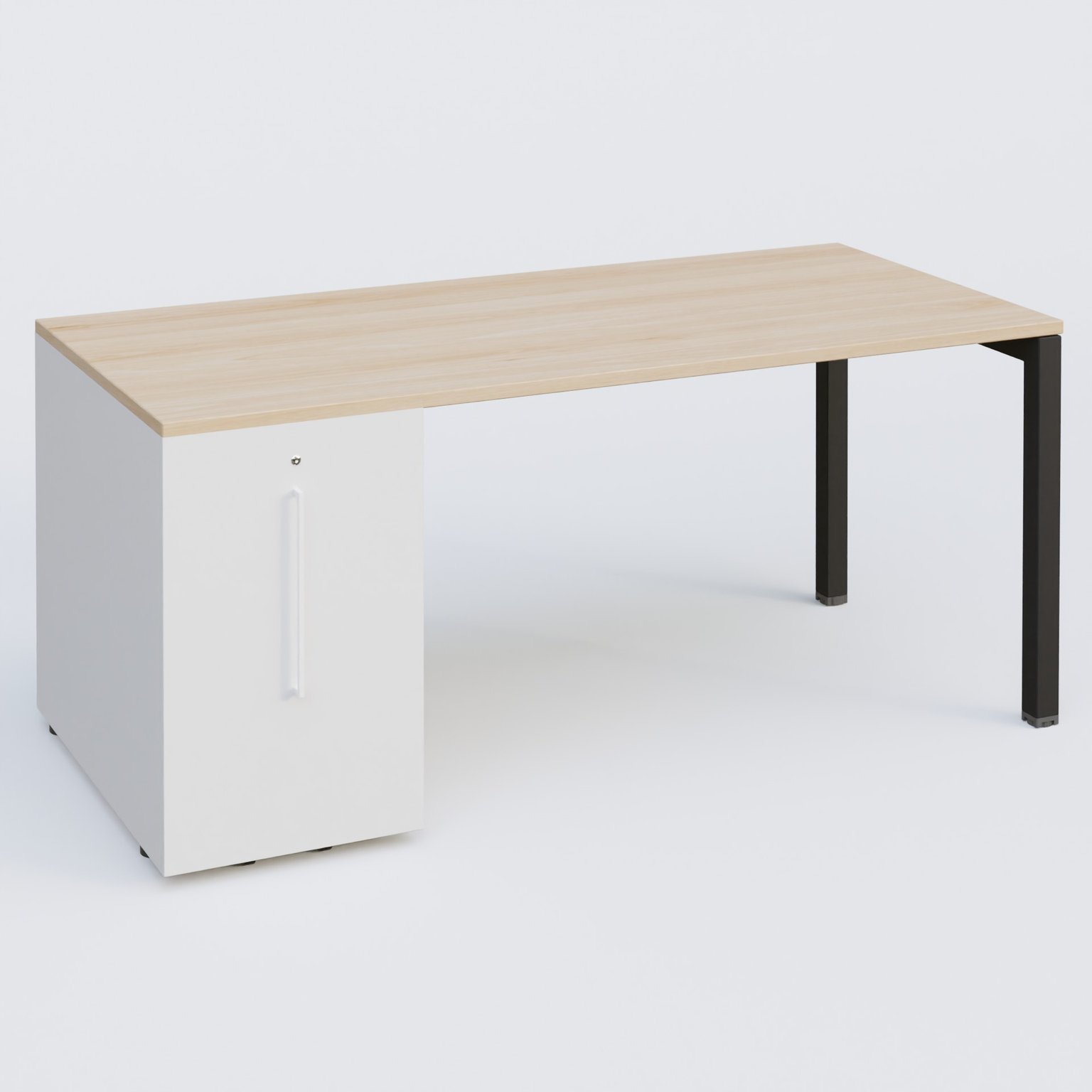 K3 Plateau droit 180x80 avec tour de rangement sous le plateau à gauche. Plateau Hêtre et pietement Noir Mat
