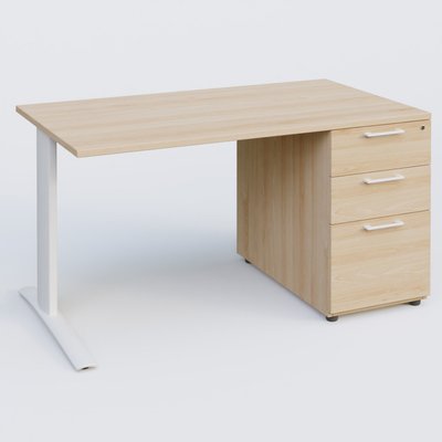 [Pas de famille] - [Pas de sous famille] - K1 Plateau droit 140x80 avec caisson porteur sous plateau mélamine à droite. Plateau Hêtre et pietement Blanc