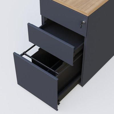 CAISSONS  - Hauteur de bureau - Caisson hauteur de bureau métalique 3 tiroirs avec top de finition, profondeur 60cm. Plateau Noyer et caisson Anthracite.