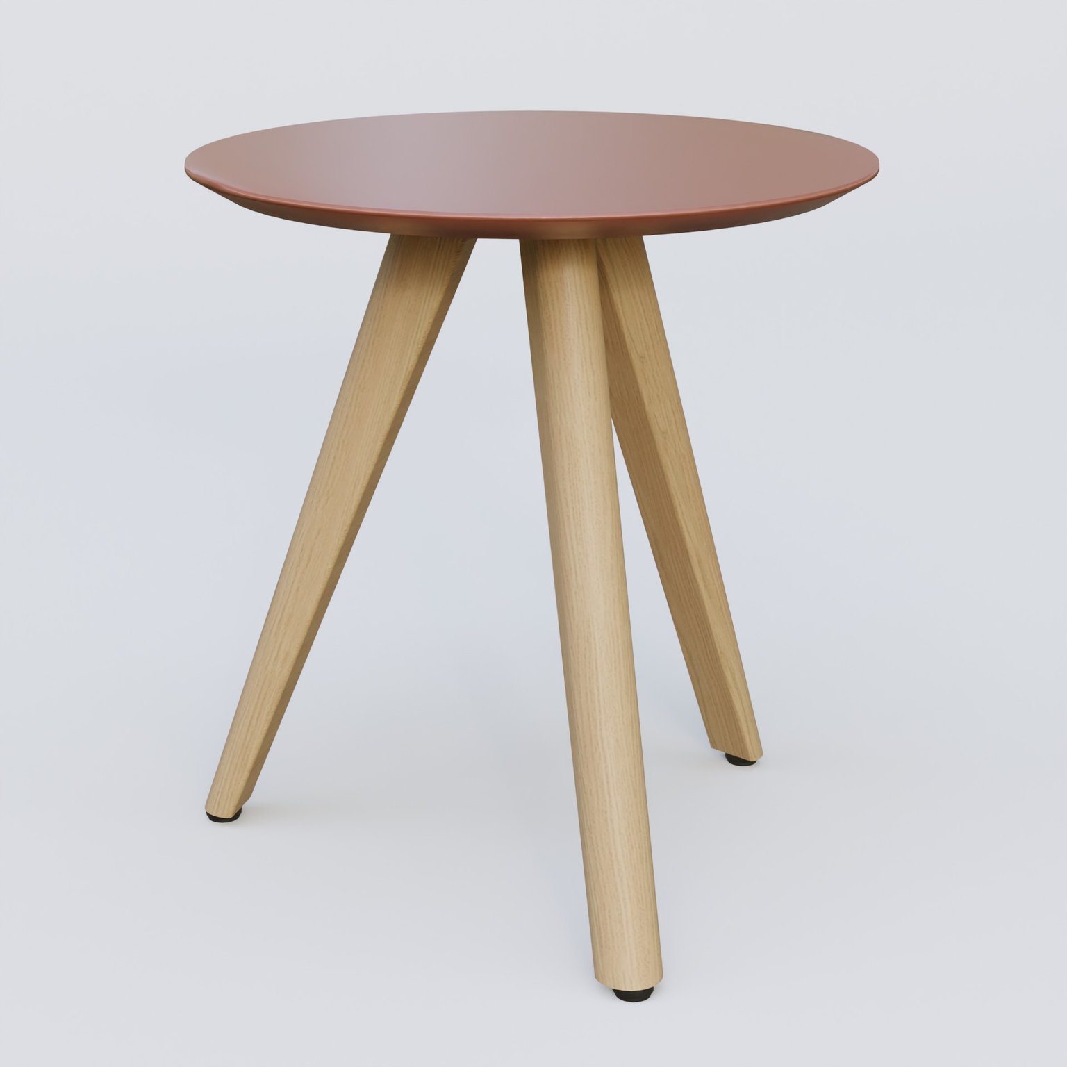 Table Basse Fashion Styl piètement 3 pieds en bois et plateau bois. Plateau Brun cuivré (RAL 8004) et pietement Chêne.